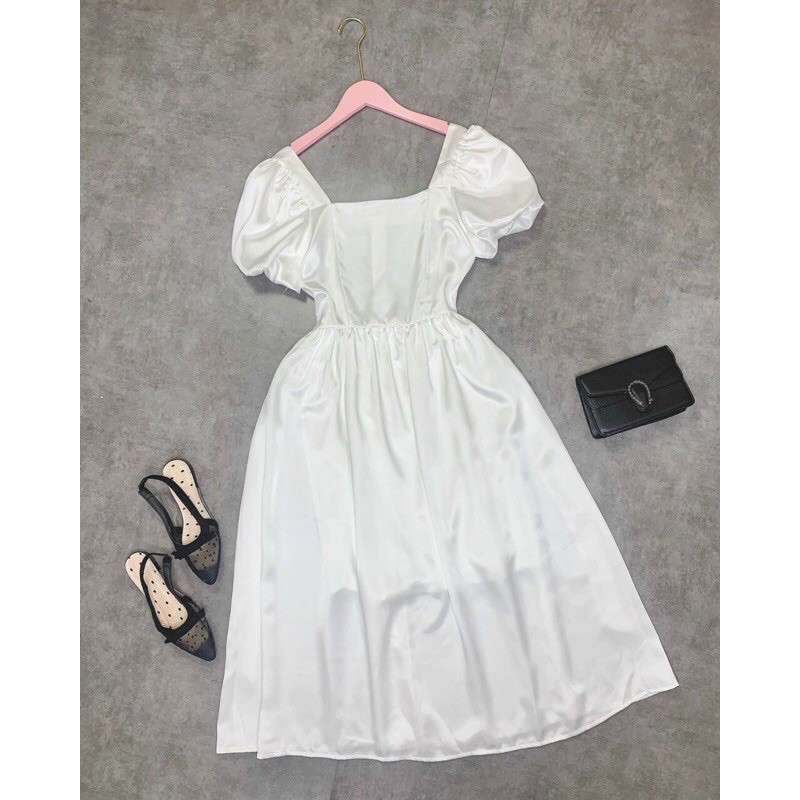 Đầm midi phi lụa trắng nữ tay phồng váy lửng xoè tiểu thư công chúa vintge ulzzang | BigBuy360 - bigbuy360.vn