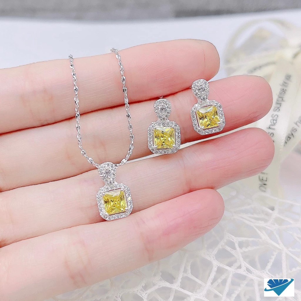Bộ trang sức nữ bạc ta mặt đá vuông xinh xắn kiểu dáng thời trang - Bạc Bibi