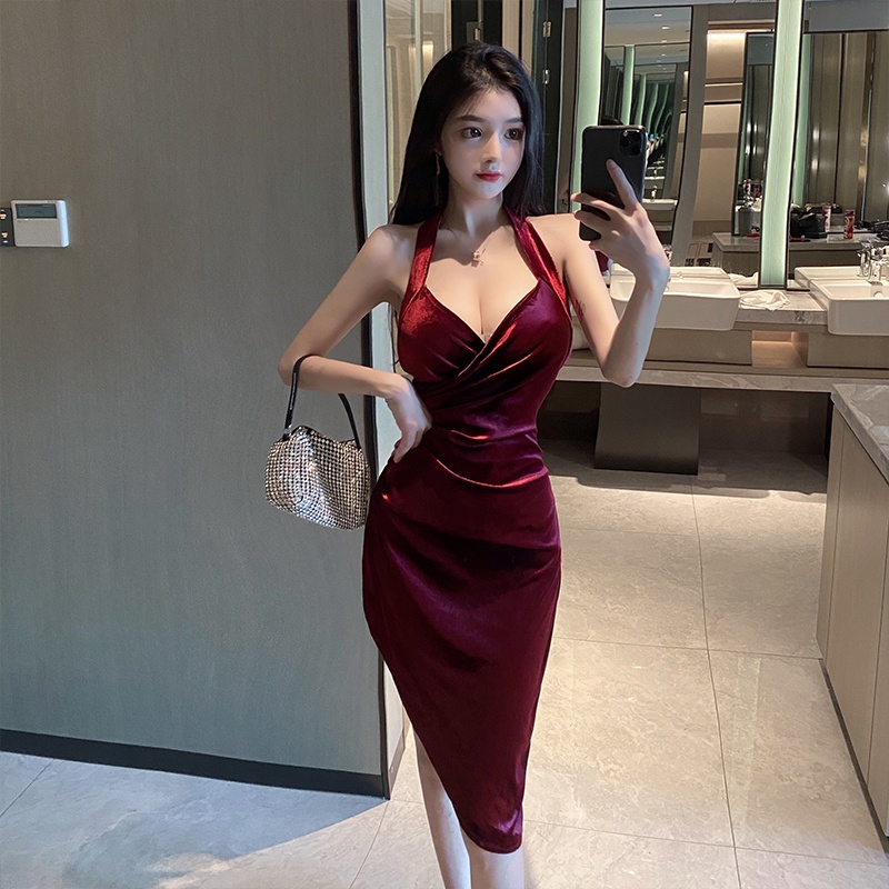 Chụp thật!Đầm Hai Dây Dáng Ôm Xẻ Tà Quyến Rũ Phong Cách Mới 2022