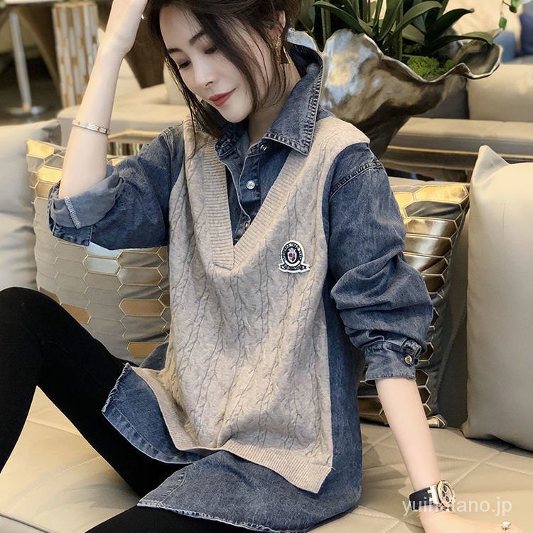 Áo Sweater Dệt Kim Phối Denim Phong Cách Châu Âu Thời Trang Mùa Thu Cho Nữ 2022