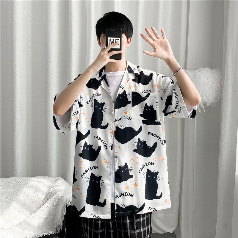 Áo Sơ Mi Tay Ngắn Dáng Rộng In Hình Mèo Hoạt Hình Chất Lượng Cao Chống Nhăn Thời Trang Mùa Hè Cho Nam