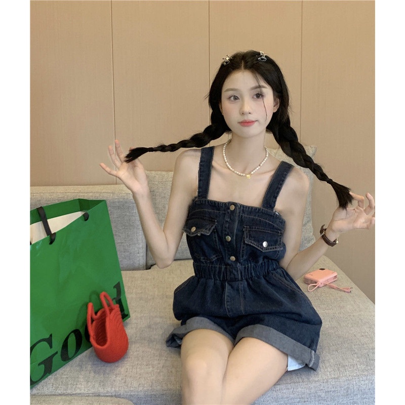 Quần Yếm Denim Ngắn Phong Cách Retro Thời Trang Mới Cho Nữ