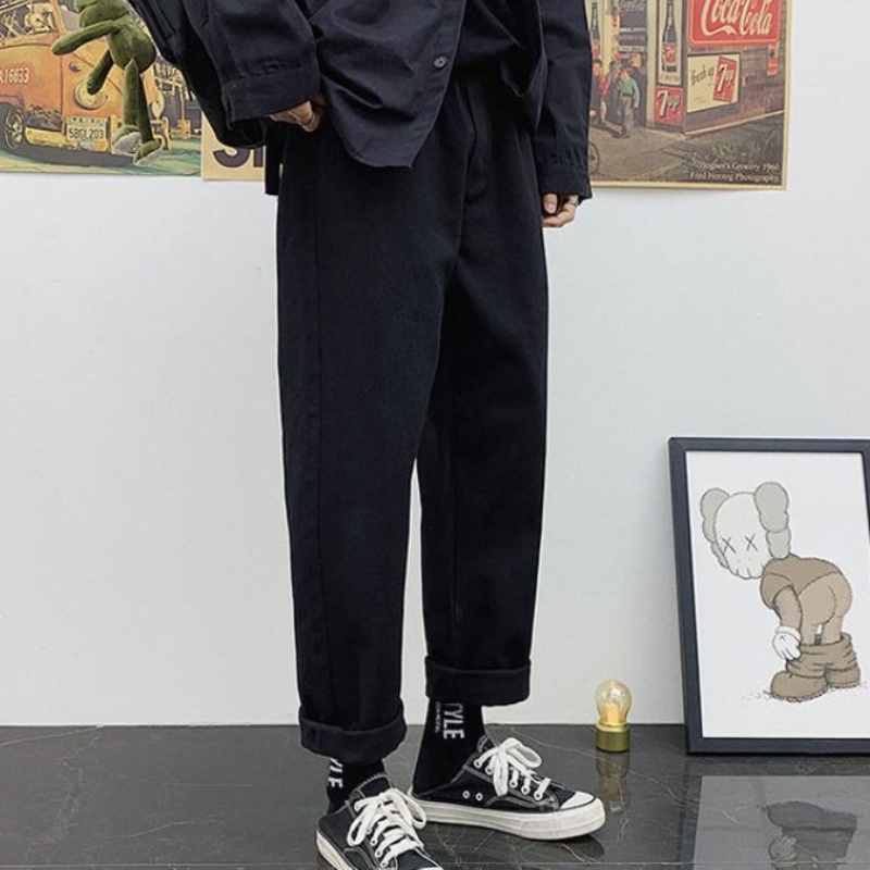 Quần jean ống rộng màu trơn phối dây rút thời trang cho nam size S-3XL