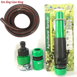 Combo bộ vòi xịt tưới cây tự động tăng áp AQUA MATE W-3203, 5m ống chịu lực Lion King , 2 đầu cut nối nhanh với vòi nước