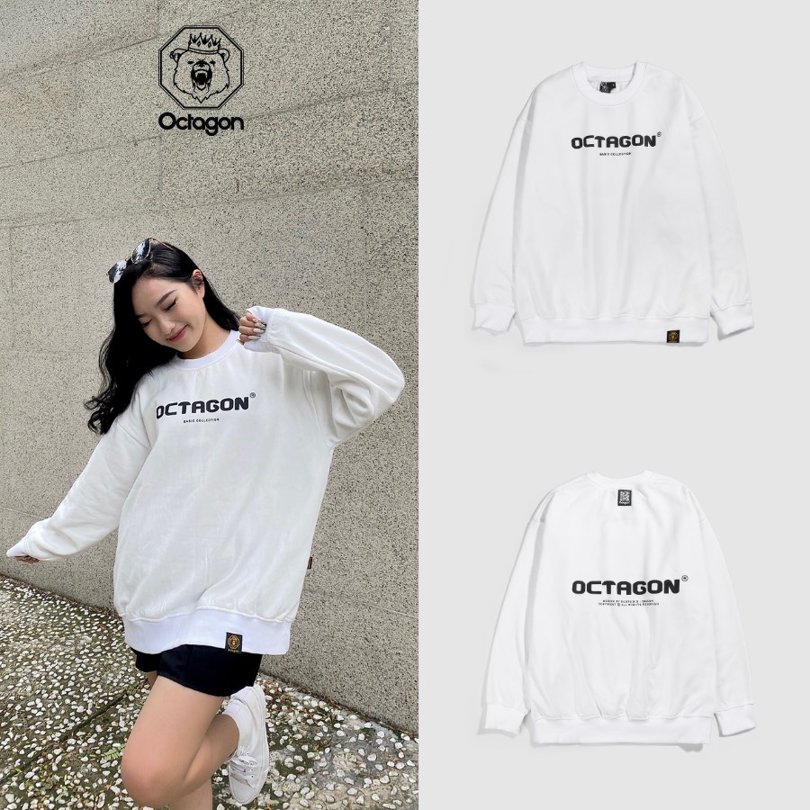 Áo Sweater Nỉ Bông Cổ Tròn Basic OCTAGON Màu Trắng Form Rộng Phong Cách Năng Động SS01