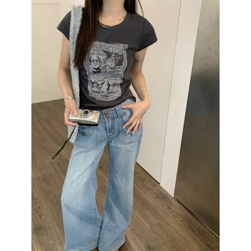 Áo Thun Tay Ngắn Dáng Ôm In Họa Tiết Cổ Điển Thời Trang Phong Cách Hàn Quốc Cho Nữ