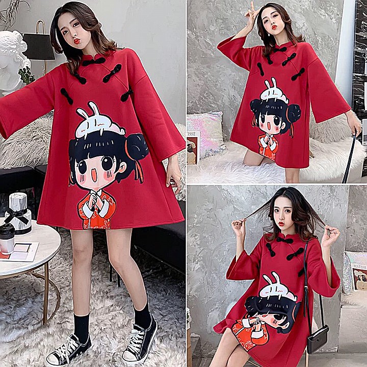 ﺴ✐2021  ORDER♥️Đầm,Váy Cổ Tàu Cách Tân Đỏ(ảnh thật)Size L->2XL