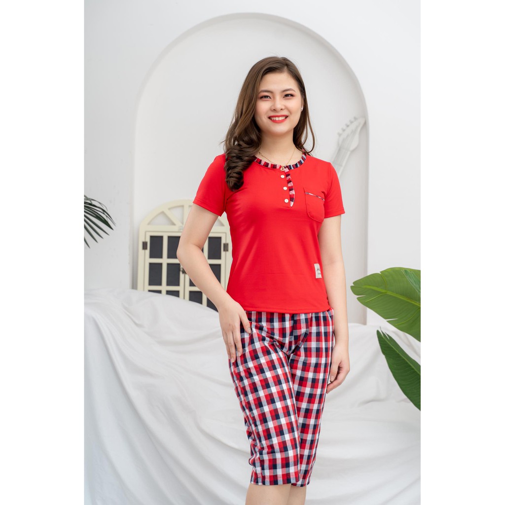 Bộ mặc nhà cotton pha kẻ  thô lụa hàng đẹp