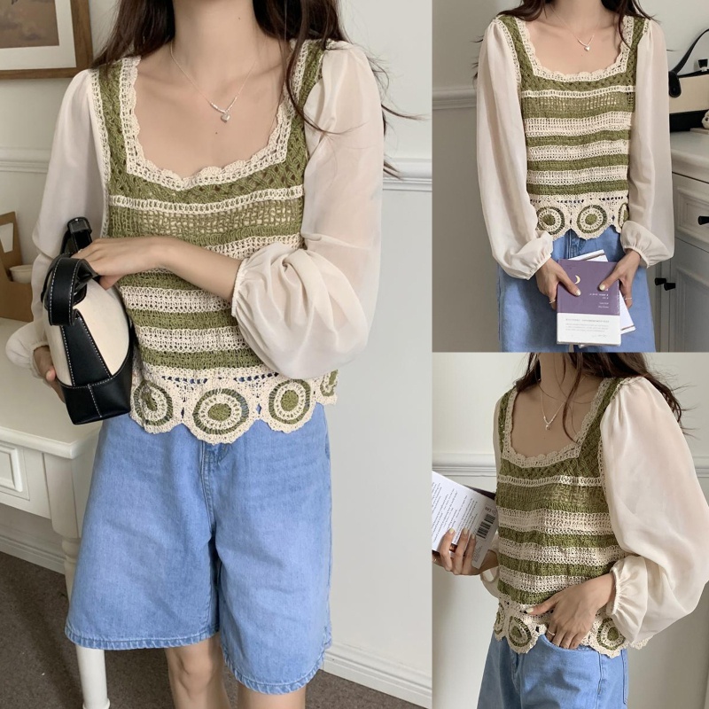 Áo Croptop Dệt Kim Cổ Vuông Tay Dài Dáng Rộng Kiểu Pháp Thời Trang Mùa Hè Cho Nữ