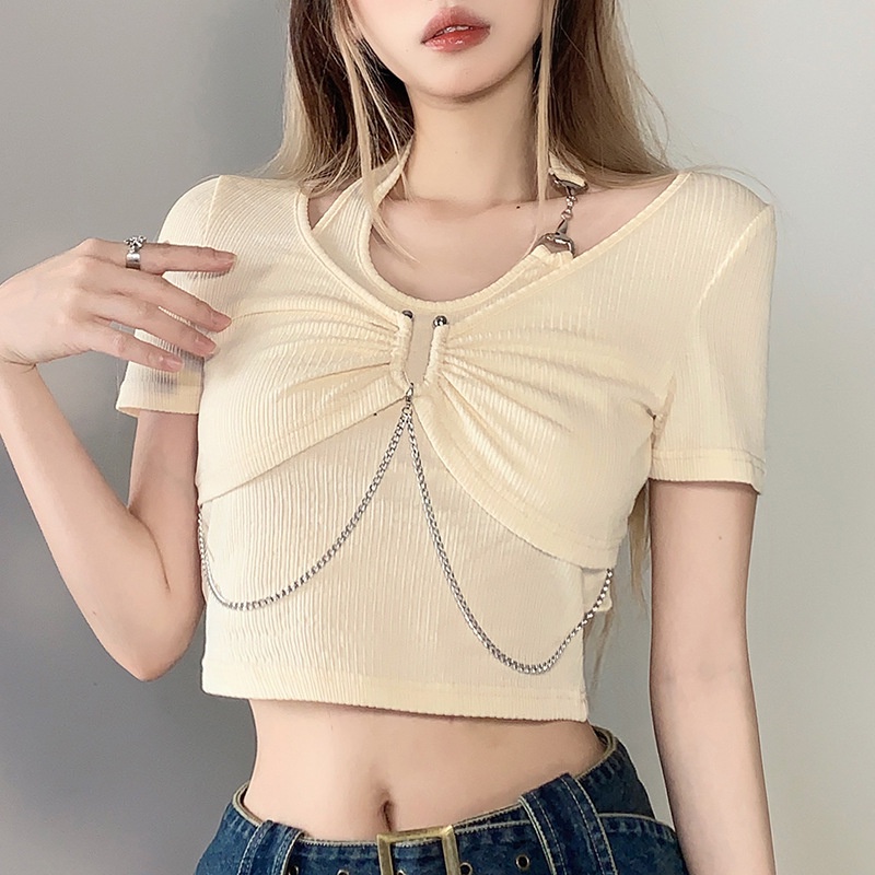 Áo Thun Tay Ngắn Cổ Chữ U Phối Dây Xích Thời Trang Cá Tính Cho Nữ