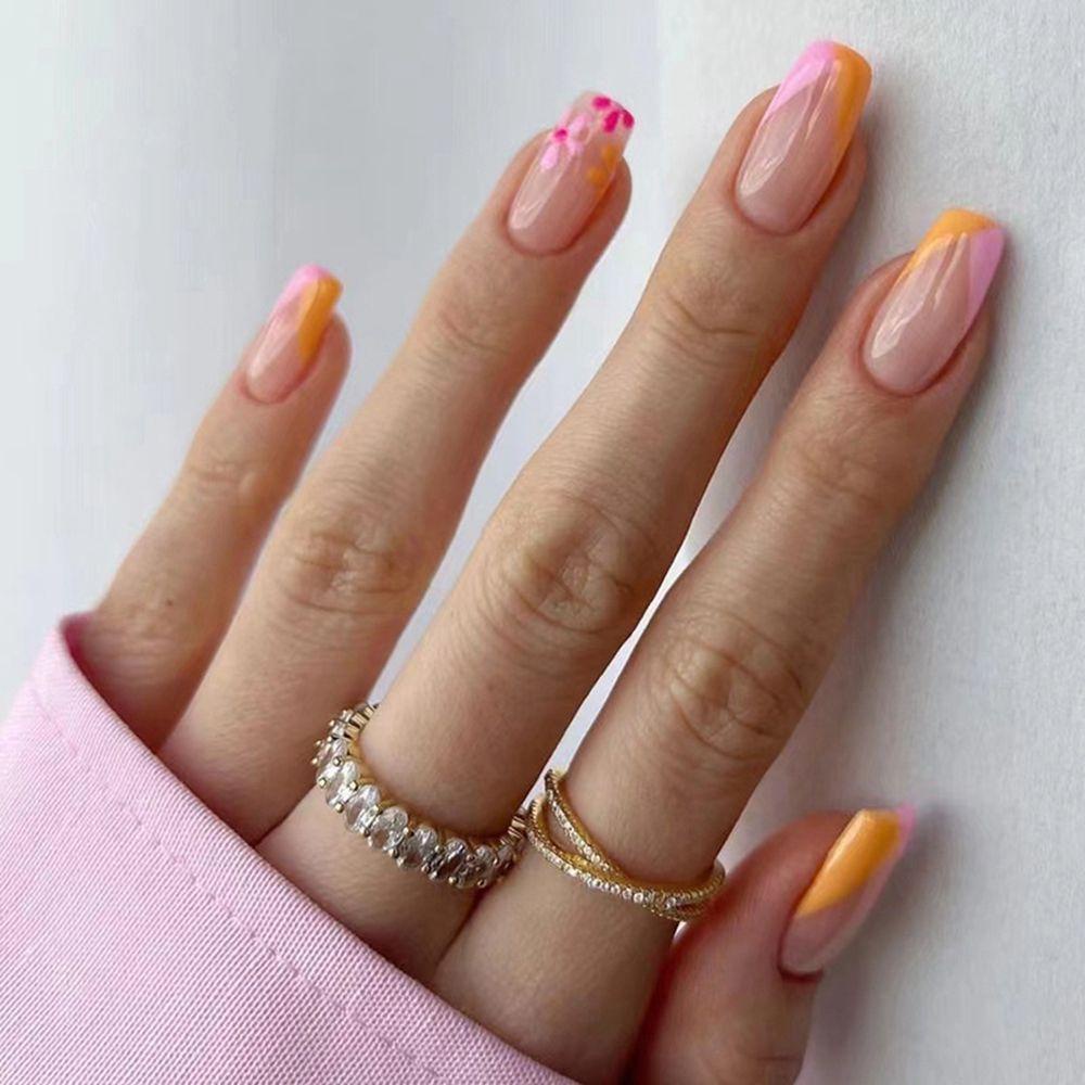 Bộ 24 Móng Tay Giả Đầu Tròn / Vuông Che Phủ Toàn Diện Kiểu Pháp