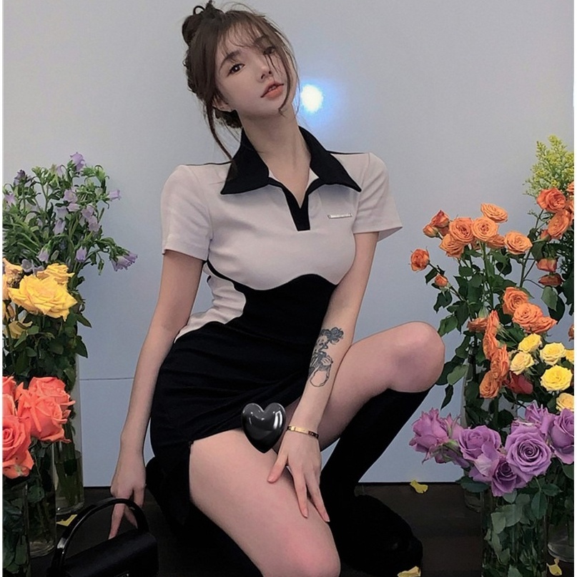 Đầm Ngắn Cổ Polo Màu Sắc Tương Phản Phong Cách Hàn Quốc Thời Trang Cho Nữ