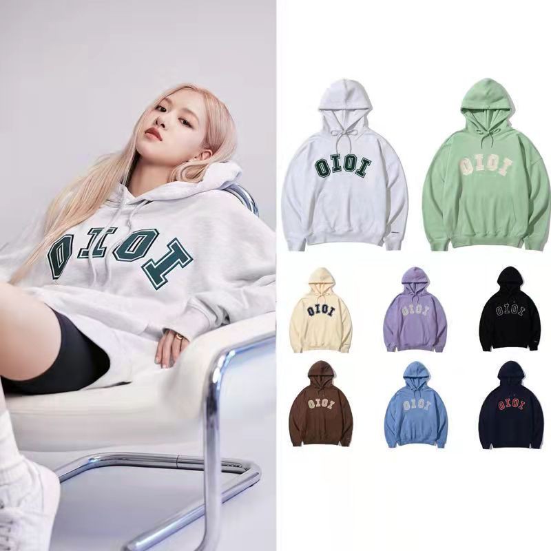 Áo Hoodie Rosé Blackpink màu xám chữ xanh mũ hai lớp tay có logo (Tặng quà)