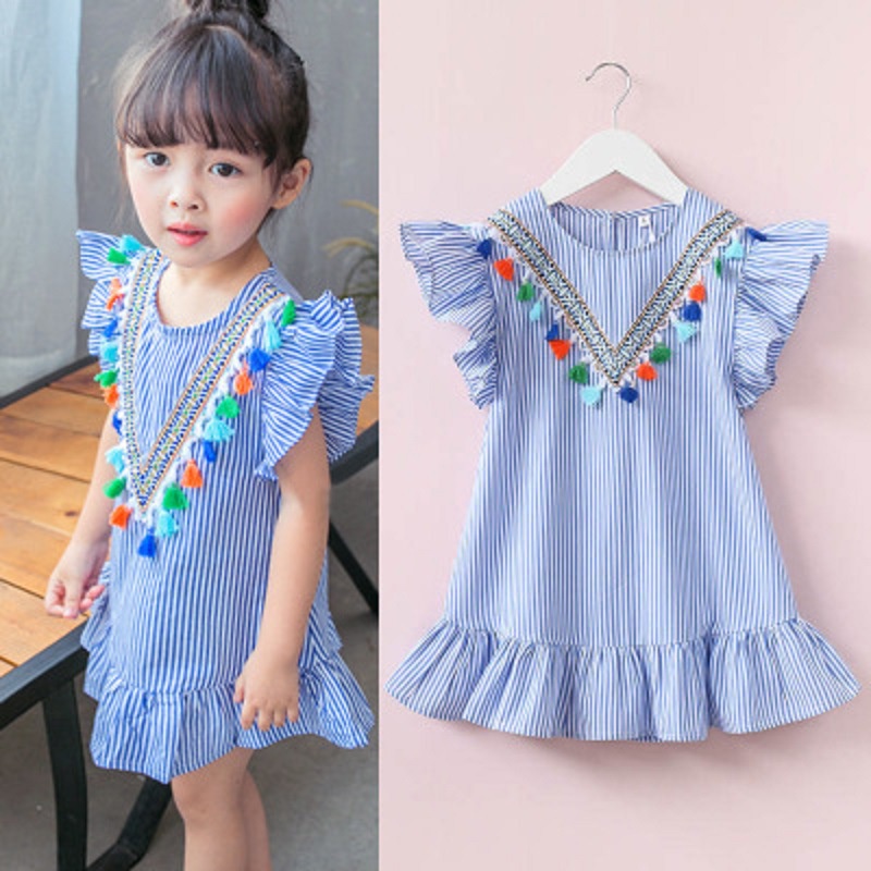 Đầm Công Chúa Mùa Hè Bằng Vải Lanh Cotton Thoáng Khí Kẻ Sọc Phong Cách Dân Tộc Mới Cho Bé Gái