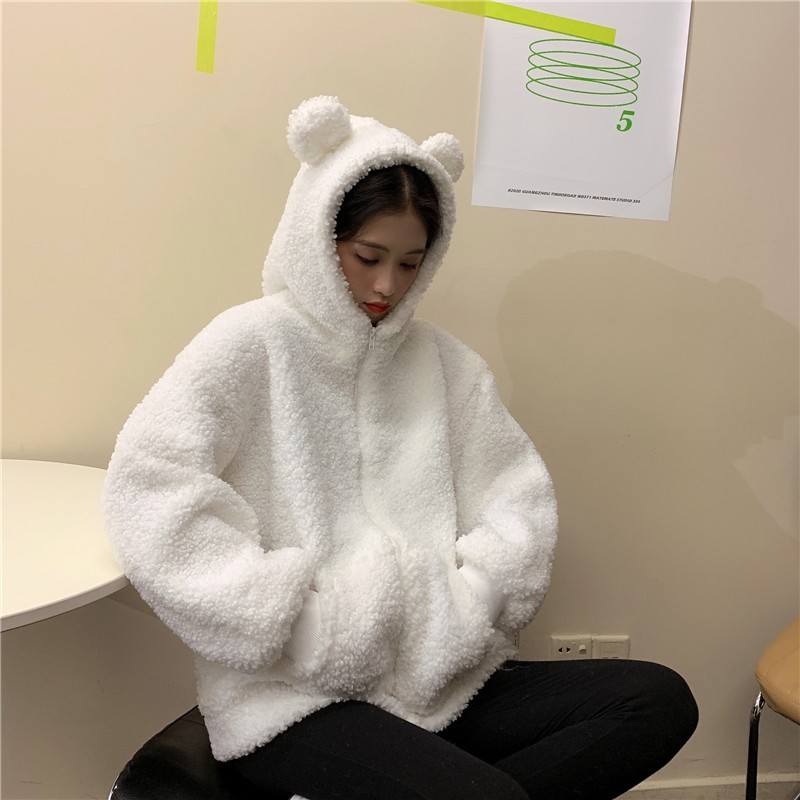 Dễ Thương Áo Khoác Len Lông Cừu Có Mũ Trùm Đính Tai Đáng Yêu