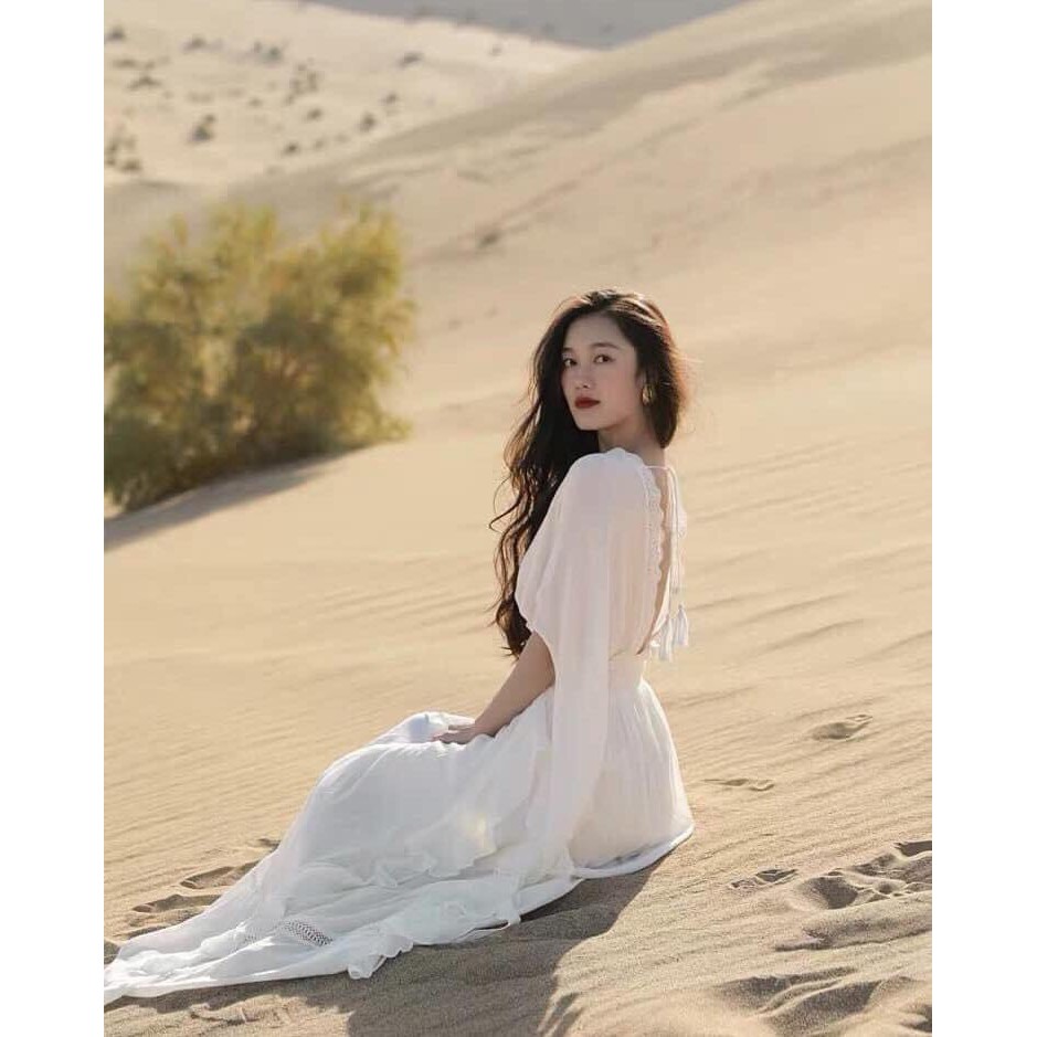 Đầm váy maxi trắng phối bèo