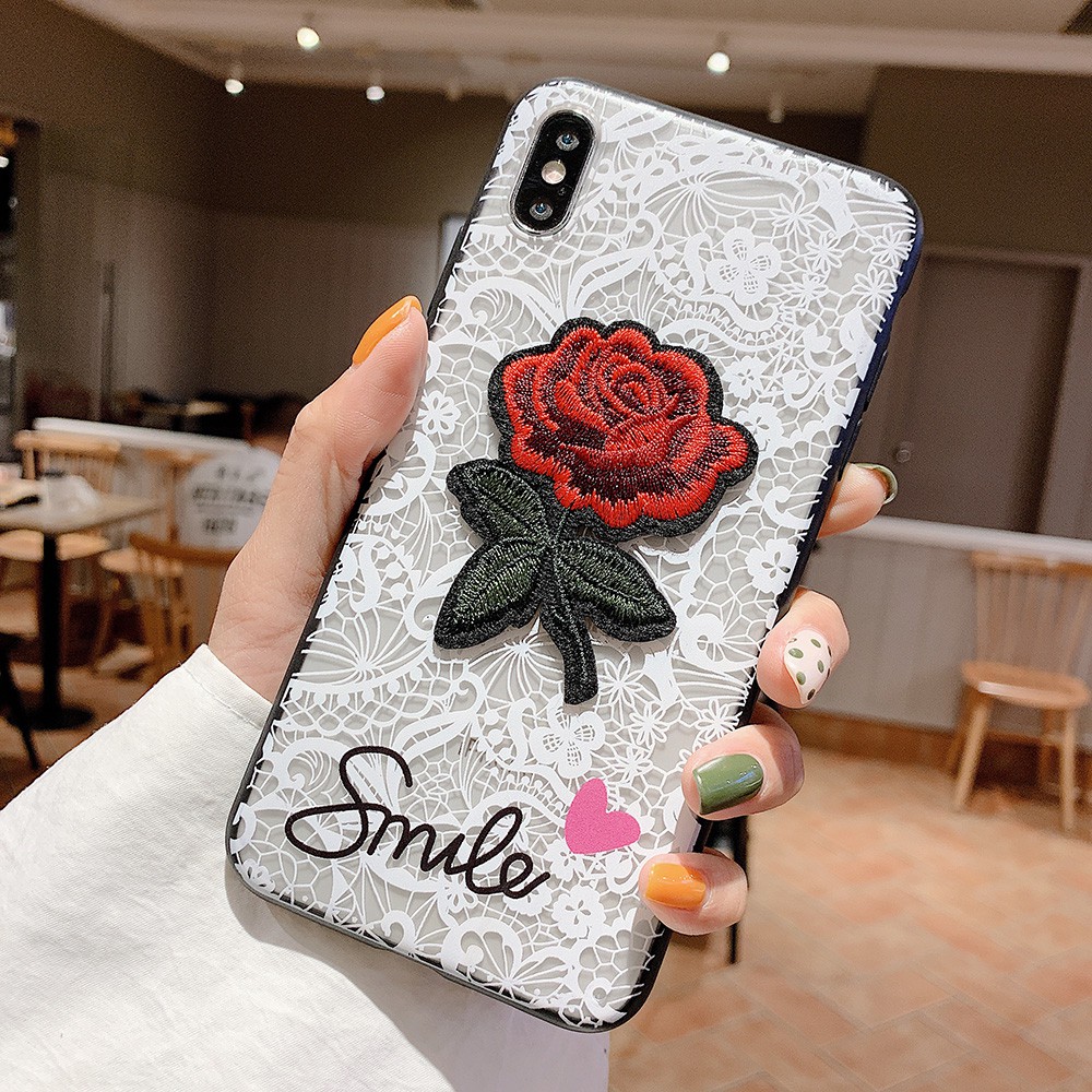 Vỏ điện thoại hoa văn ren trong suốt với hoa hồng Samsung Galaxy A9 Star Pro J8 A7 2018 A9S J6 Plus J4 J5 J7 Prime A8S Transparent Lace Pattern Rigid Phone Case Mobile Back Cover With Rose Flower