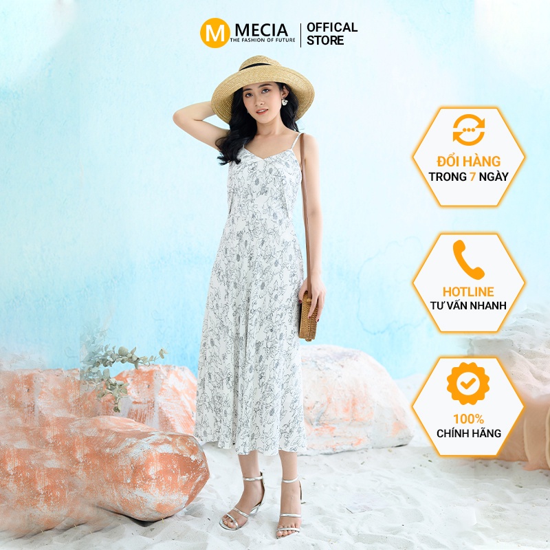 Váy hai dây Maxi hoa nhí - đầm trắng hoa hai dây DK939 Mecia chất liệu Chiffon thoáng mát, mềm mại phù hợp đi biển