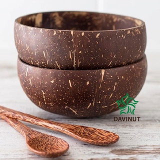 Combo chén gáo dừa kèm muỗng gỗ dừa mài nhẵn hai mặt ăn ngũ cốc Davinut