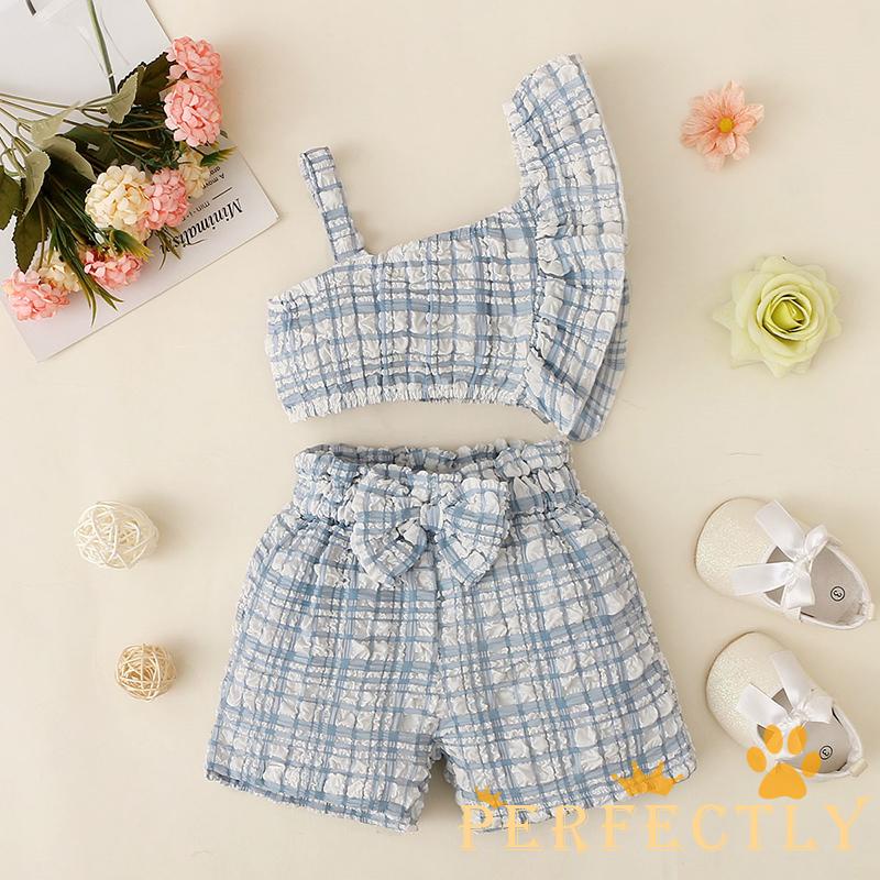 PFT-Kid Girl Suit, Sleeveless Off Shoulder Neck Plaid Print Vest Summer Spring Bow Shorts