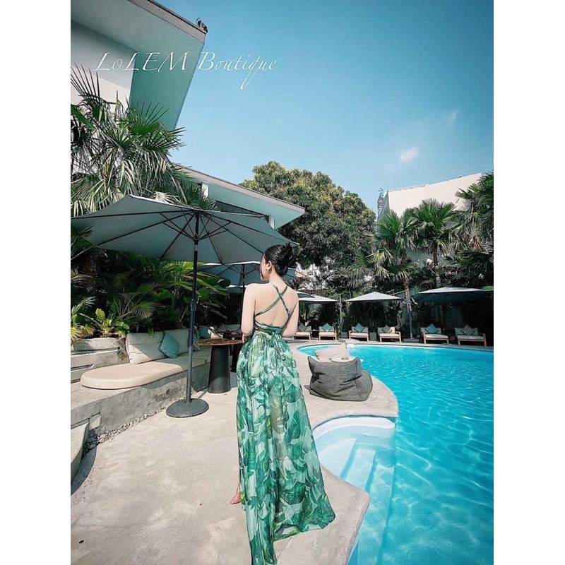 [LOẠI ĐẸP CÓ HÌNH THẬT KHÁCH MẶC PHÍA SAU] ĐẦM MAXI LÁ XANH CỔ YẾM ĐAN LƯNG SIÊU ĐẸP