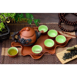 Ấm chén Bát Tràng_Bộ bình trà hoa văn đắp nổi đất đỏ khay lá