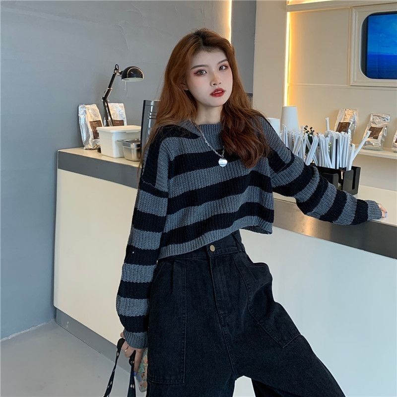 Áo Sweater Tay Dài Mềm Mại Họa Tiết Kẻ Sọc Phong Cách Vintage Nhật Bản Cho Nữ