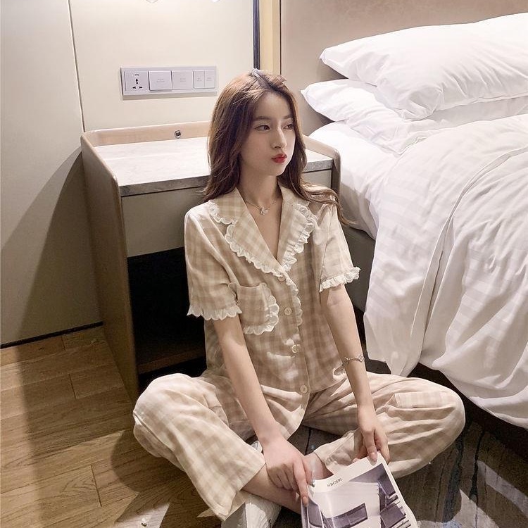 Bộ đồ ngủ nữ tay ngắn kẻ sọc caro thoải mái thời trang xuân thu phong cách Hàn Quốc | BigBuy360 - bigbuy360.vn