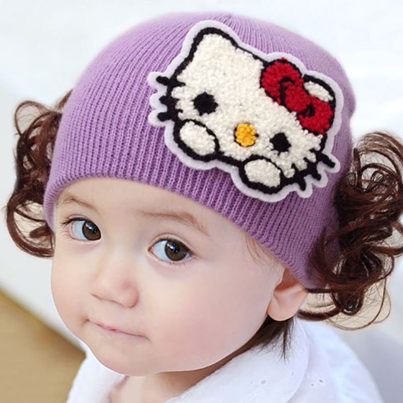 Mũ Beanie Dệt Kim Co Giãn In Họa Tiết Hoạt Hình Mèo Phối Tóc Giả Thời Trang Xuân Thu Cho Bé Sơ Sinh Từ 0-18 Tháng Tuổi