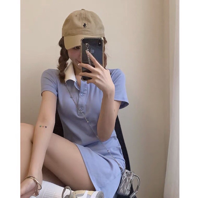 ĐẦM POLO NỮ ⚡Freeship⚡VÁY LIỀN COTTON MỊN ĐẸP MÀU XANH PHONG CÁCH ULZZANG HÀN QUỐC