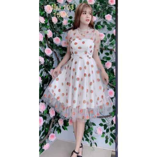 (Mẫu Mới) Xả lỗ Mẫu Đầm Lưới In Quả Dâu Có Lót Lụa Siêu Dễ THương UP h.h.p