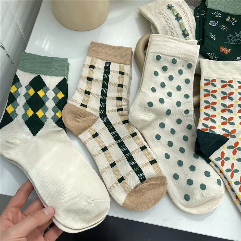 Vớ tất unisex họa tiết chéo, sọc hoa xanh cổ cao