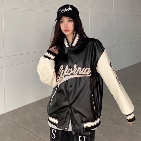 Áo Khoác Da Varsity Jacket Unisex From Rộng 2 Lớp Hình Thêu 100%