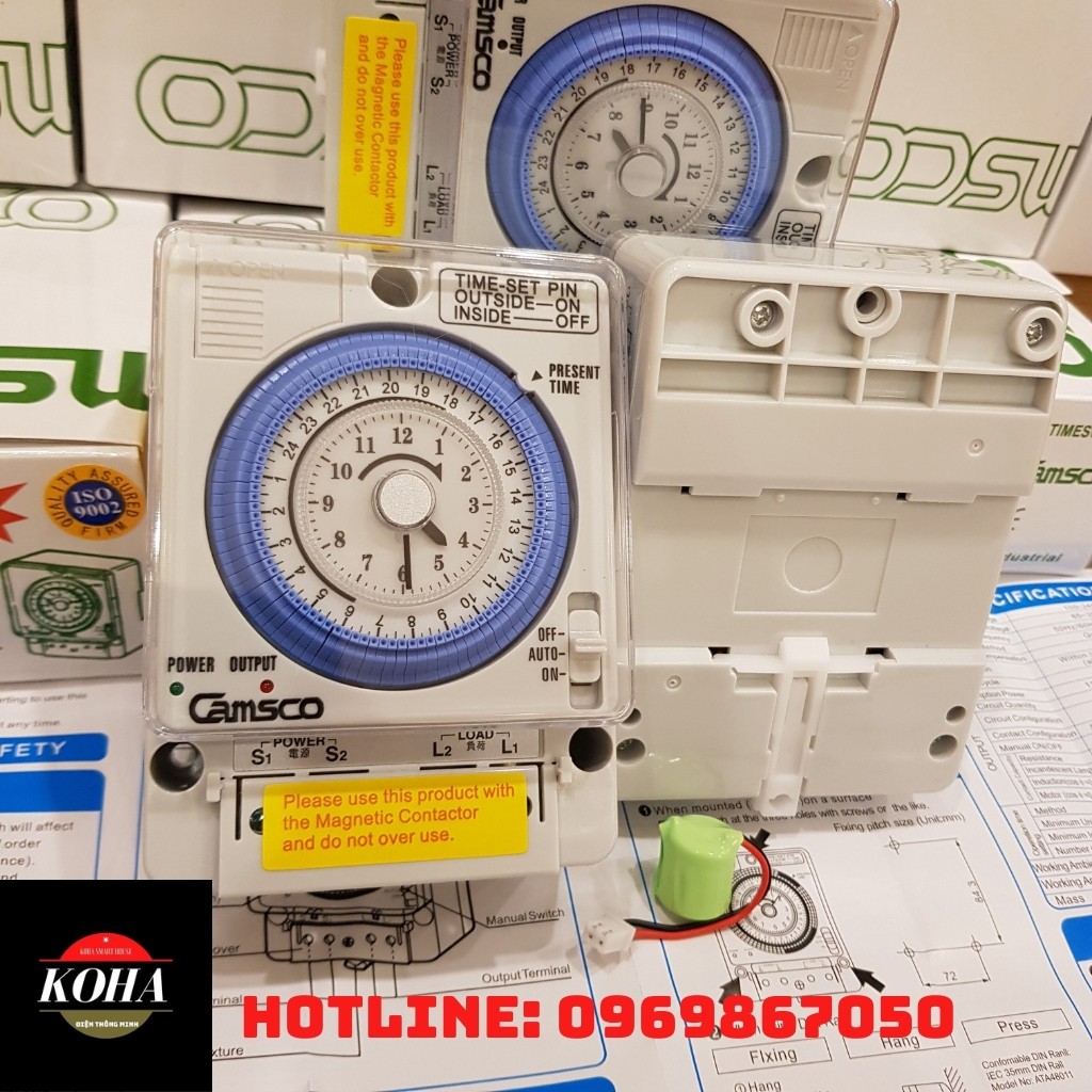 Camsco TB35N - Công tắc timer hẹn giờ gắn tường tủ điện+ Kèm Pin lưu Xịn