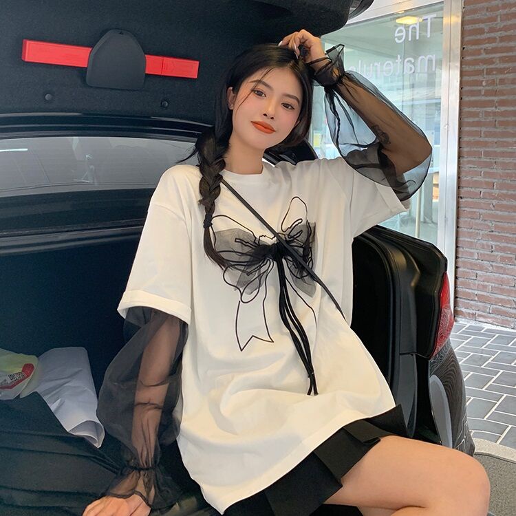 ZHELIHANGFEI Áo Sweater Tay Dài Phối Nơ Form Rộng Dễ Phối Đồ