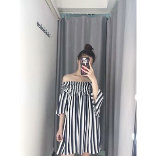 Đầm trễ vai sọc nhún chỉ bánh bèo - tbl1016