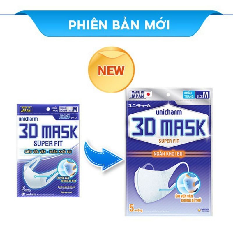 Khẩu trang ngăn khói bụi Unicharm 3D Mask Super Fit size M gói 5 cái