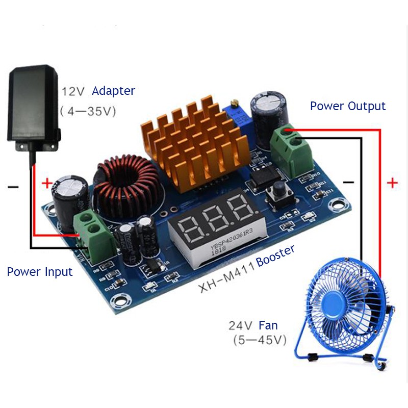 Mô-đun tăng cường DC 3V-35V đến DC 5V-45V Vôn kế kỹ thuật số Mô-đun nâng cấp DC-DC Mô-đun tăng cường Bo mạch chuyển đổi 5A Nguồn có thể điều chỉnh cho điện áp XH-M411 5A DC-DC Digital Booster Board Bo mạch tăng cường kỹ thuật số DC 3V-35V công suất cao đế