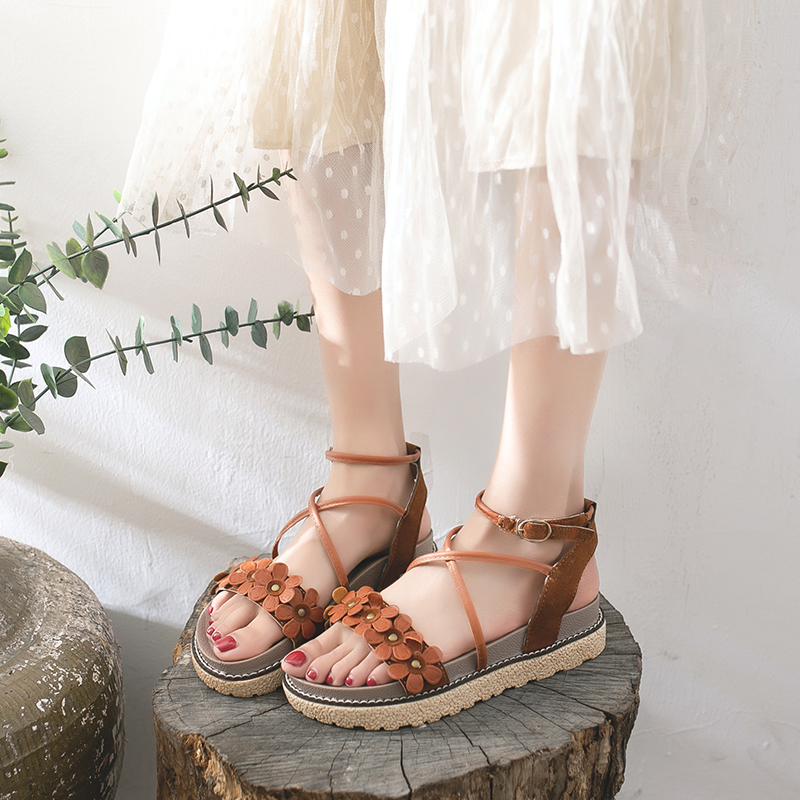 IELGY Giày xăng đan nữ mặt đính bông hoa thời trang retro xinh xắn
