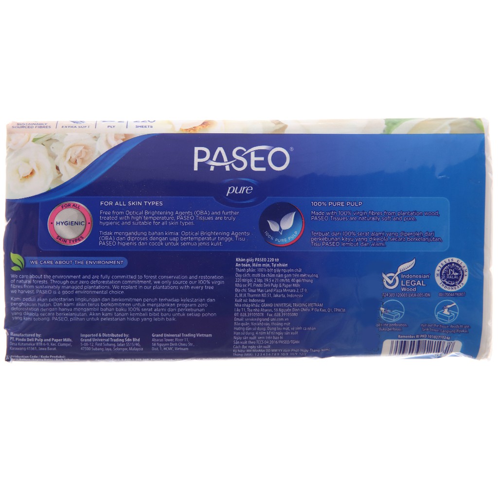 Khăn giấy Paseo Luxuriously Soft 2 lớp gói 220 tờ.