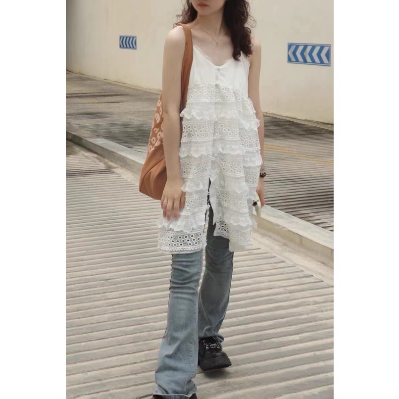 Đầm Yếm Phối Ren Màu Trắng Thời Trang Mùa Hè Xinh Xắn Cho Nữ