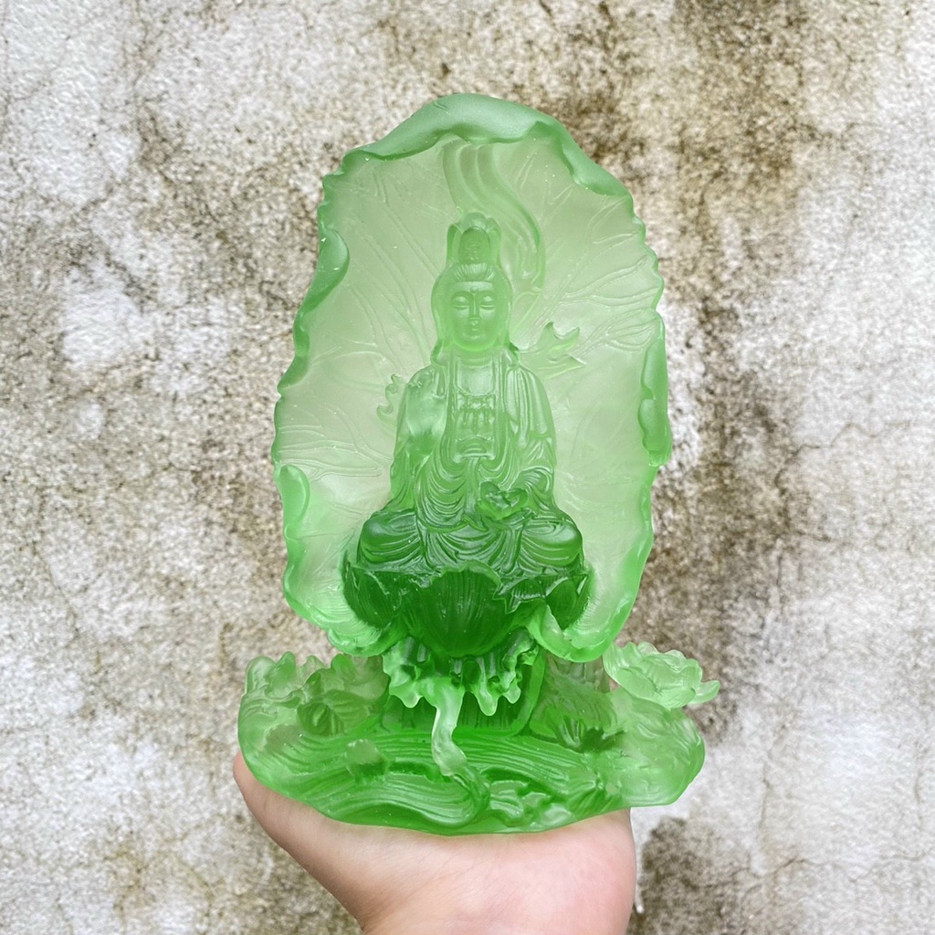 Tượng Quan Âm Lá Sen Đá Lưu Ly Cao Cấp Cao 16cm - Trang Trí Ô Tô Siêu Đẹp