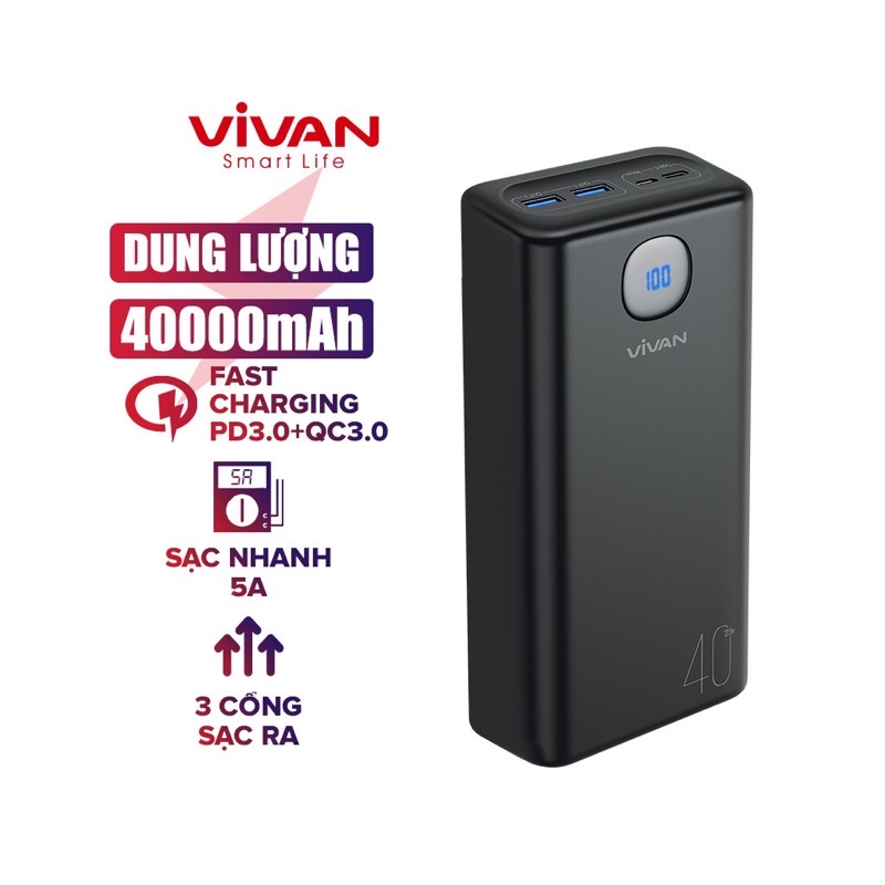 Sạc dự phòng kèm sạc nhanh dung lượng 40.000mAh, PD/Q.3.0/Vooc 22.5W Vivan VPB-B40