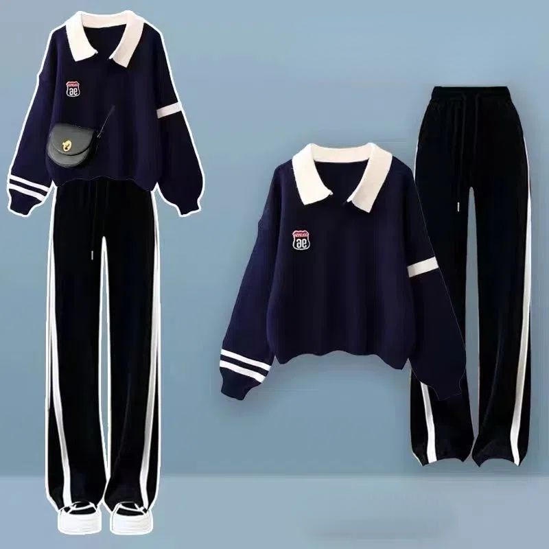 Set Đồ Thể Thao Áo Thun Polo Phối Quần Dài Ống Rộng Phong Cách Preppy Thời Trang Mùa Thu Mới Cho Nữ