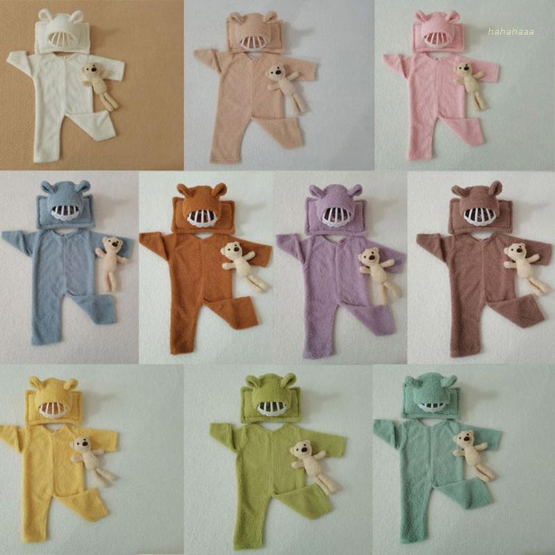Bộ 4 Món Áo Liền Quần + Gấu Bông + Mũ Làm Đạo Cụ Chụp Ảnh Cho Bé Sơ Sinh