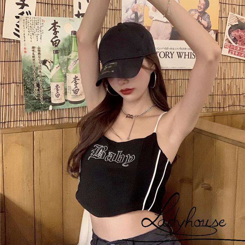 Áo Croptop Hai Dây Thêu Chữ Thời Trang Cho Nữ