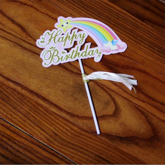 Tem topper Happy Birthday cắm bánh sinh nhật trang trí hình cầu vòng