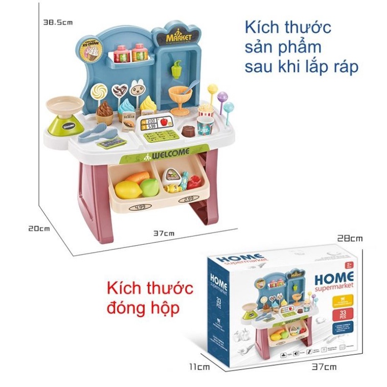 (ảnh thật) Đồ chơi siêu thị mini bằng nhựa cao cấp- Bộ đồ chơi 33 chi tiết có máy tính tiền, có nhạc, có đèn