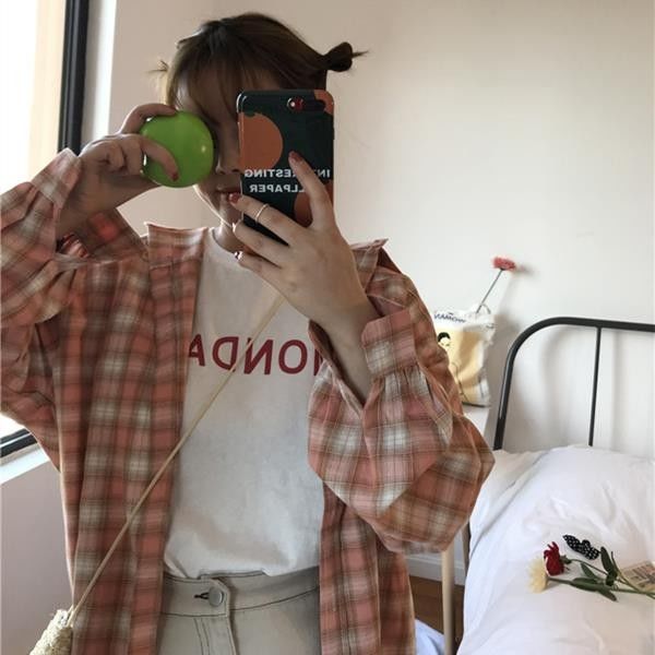 Áo sơ mi tay dài họa tiết sọc caro phong cách Ulzzang Hàn Quốc cho nữ C036