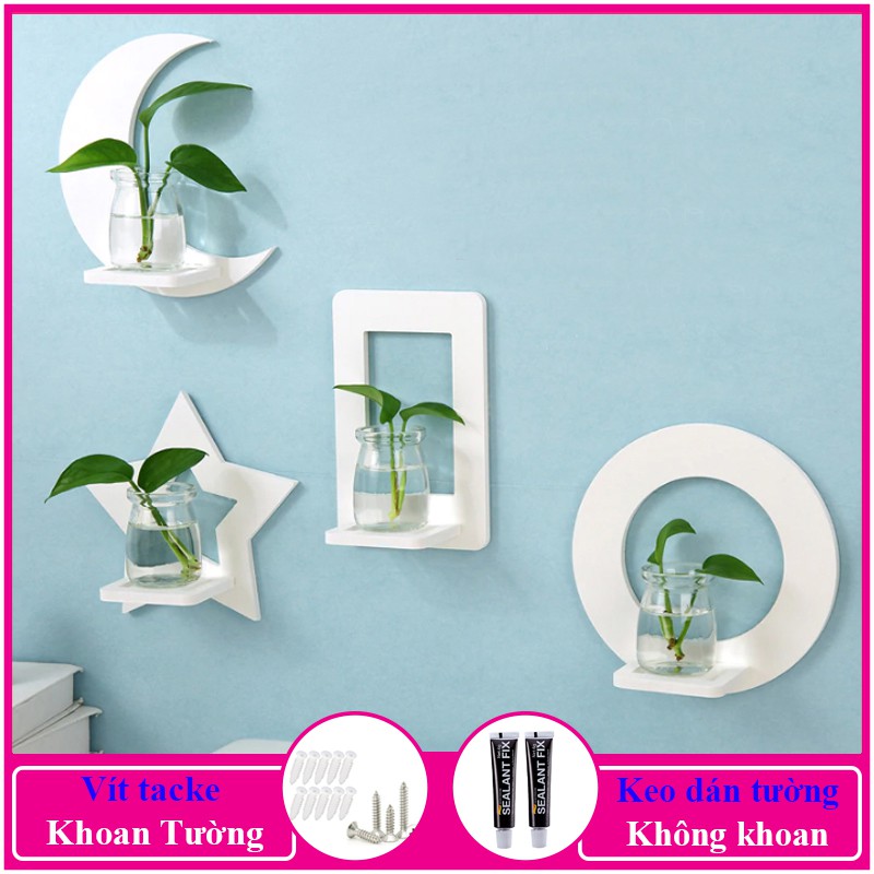 Bộ 4 Kệ treo tường trang trí không cần khoan,chất liệu gỗ nhựa pvc cao cấp,màu trắng tinh,siêu cute,siêu dễ thương - a25